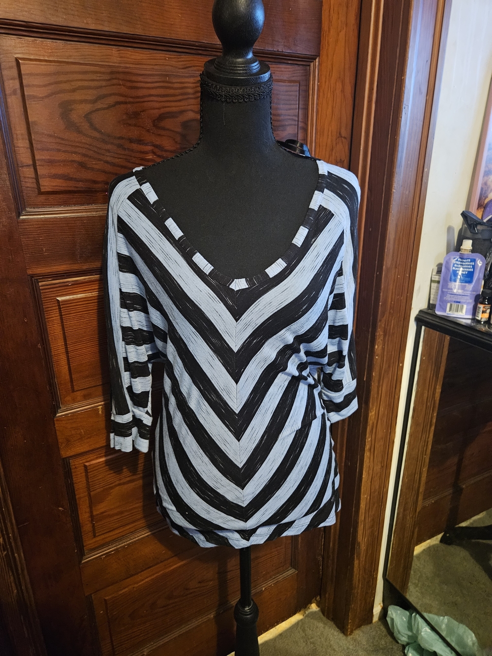 Apt. 9 Black & Light Blue Striped V-Neck Top